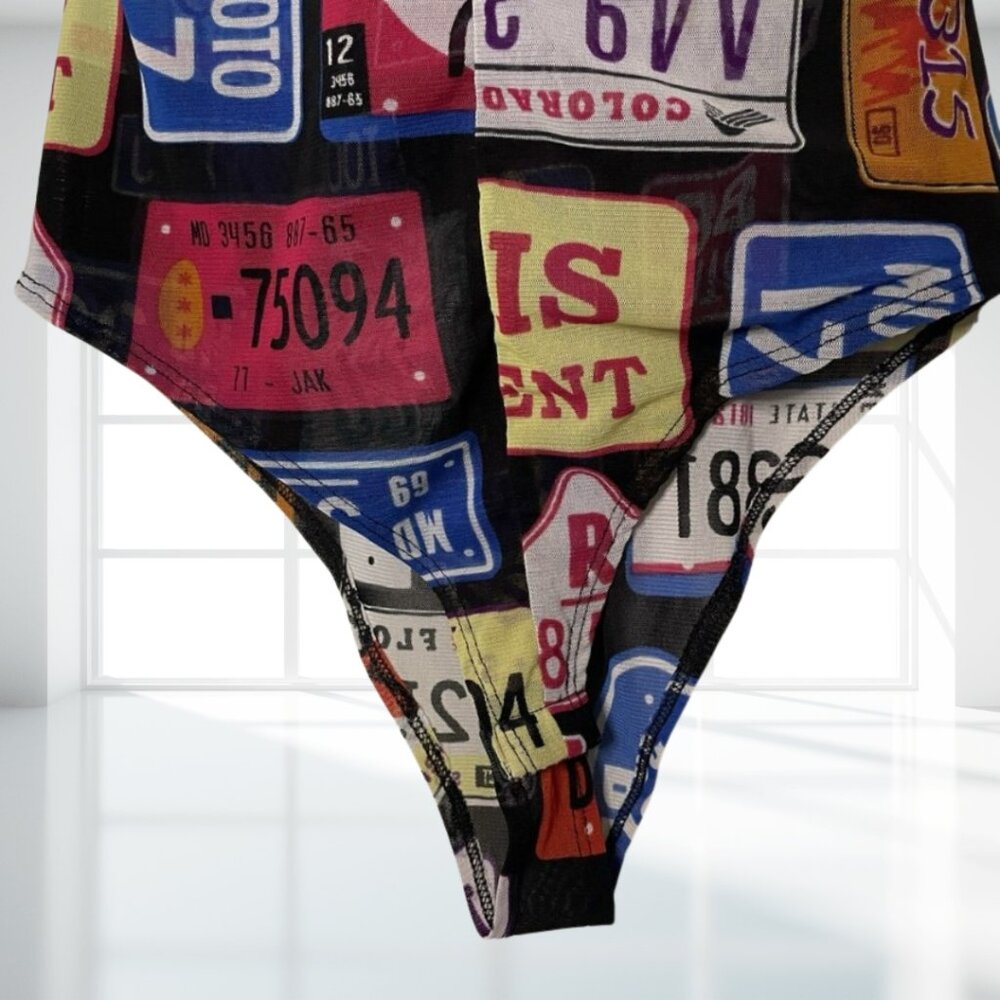 DAY G Retro Y2K License Plate Print Sheer Zipper Bodysuit Leotard - Rare Pop Art - Picture 8 of 12